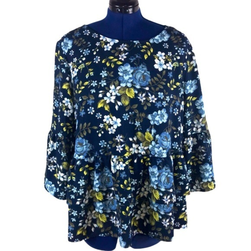 Time and Tru XXL (20) blue floral 3/4 bell sleeve boho retro peasant top